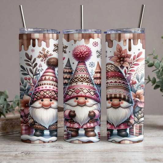 Three tumblers feature watercolor gnomes, snowflakes, and floral designs.
