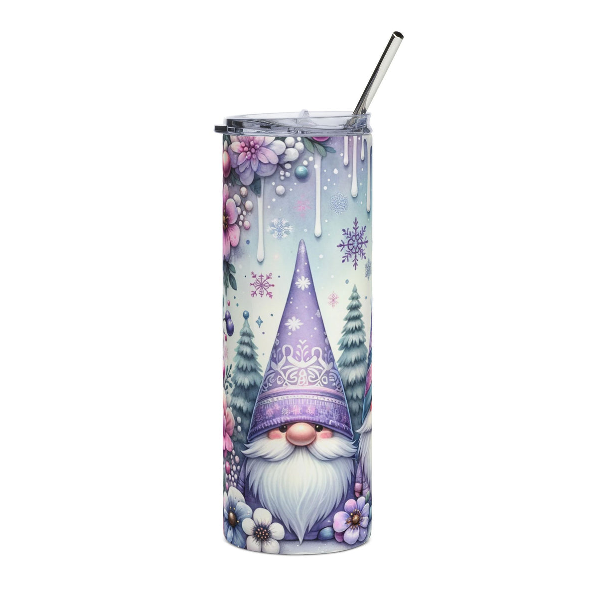 Purple gnome and floral winter design on a white tumbler with a metal straw.
