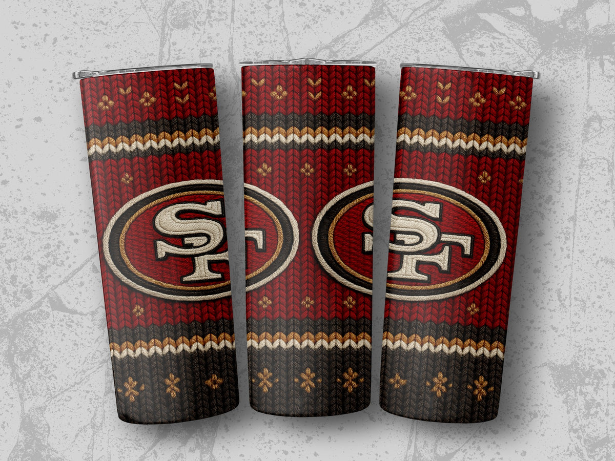 Three tumblers with a San Francisco 49ers logo and a knitted sweater pattern.