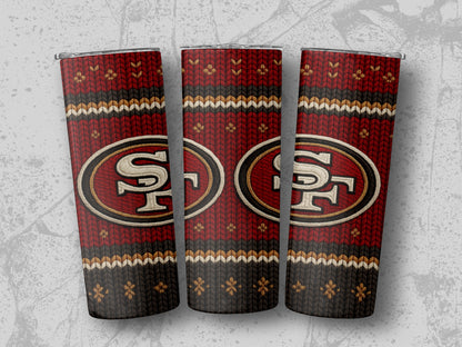 Three tumblers with a San Francisco 49ers logo and a knitted sweater pattern.