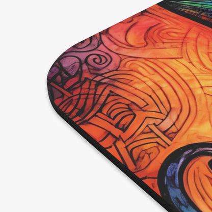 Abstract watercolor design with swirling lines in orange, purple, and blue on a mat.