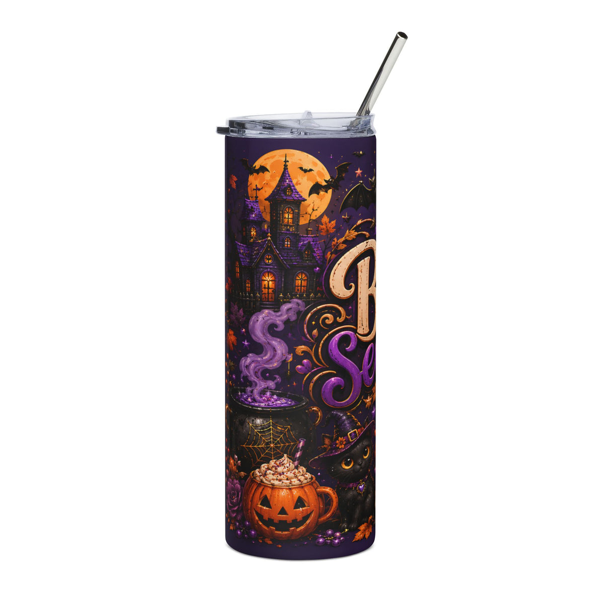 Purple tumbler with Halloween theme, featuring a haunted house, bats, and a black cat.