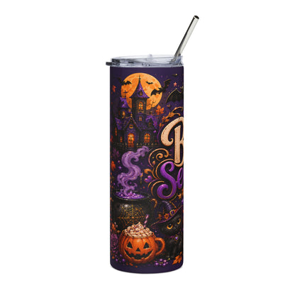 Purple tumbler with Halloween theme, featuring a haunted house, bats, and a black cat.