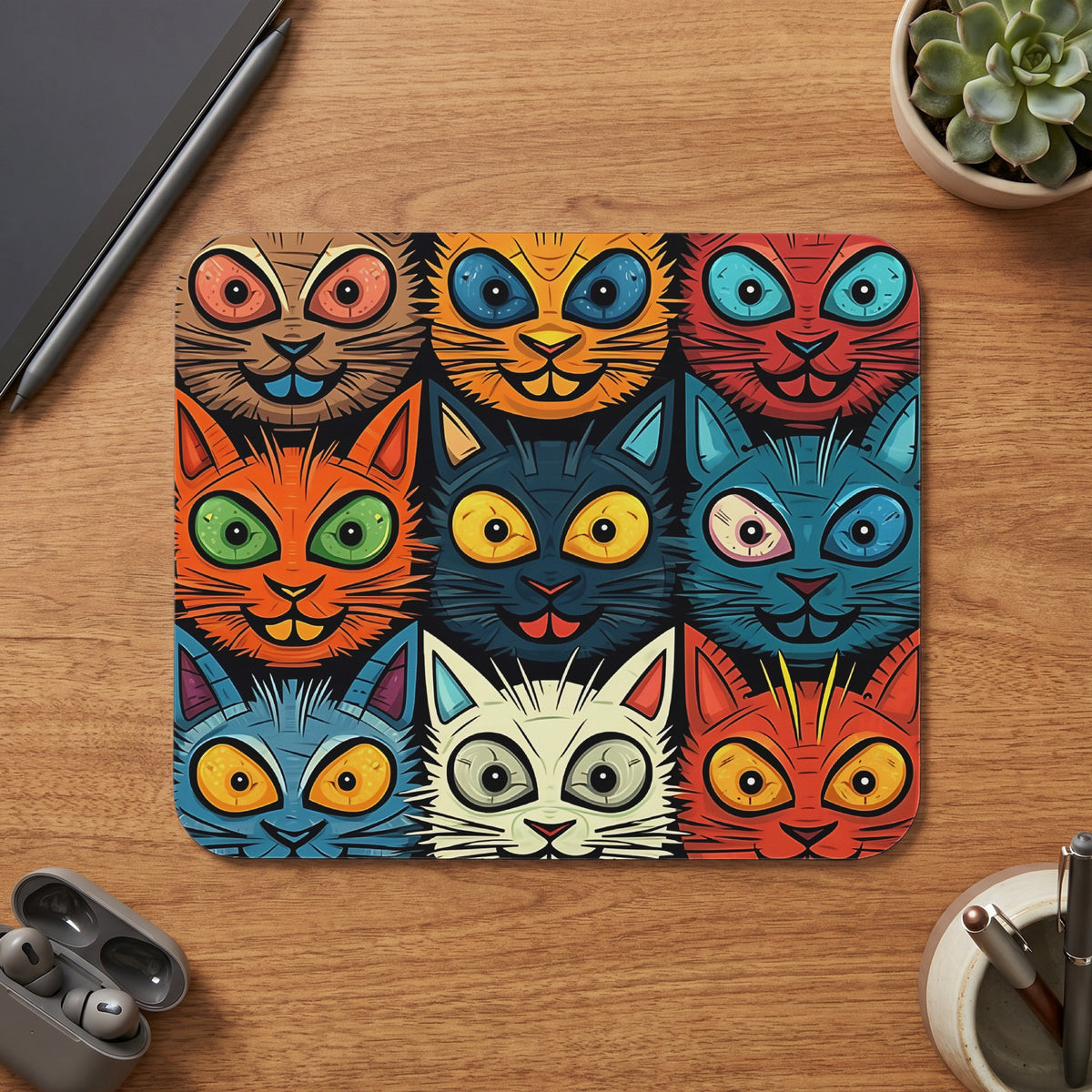 Nine colorful, stylized cat faces with wide, expressive eyes arranged in a grid.