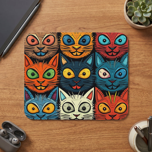 Nine colorful, stylized cat faces with wide, expressive eyes arranged in a grid.