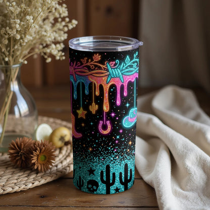 Black tumbler with neon western-themed designs and glitter accents.