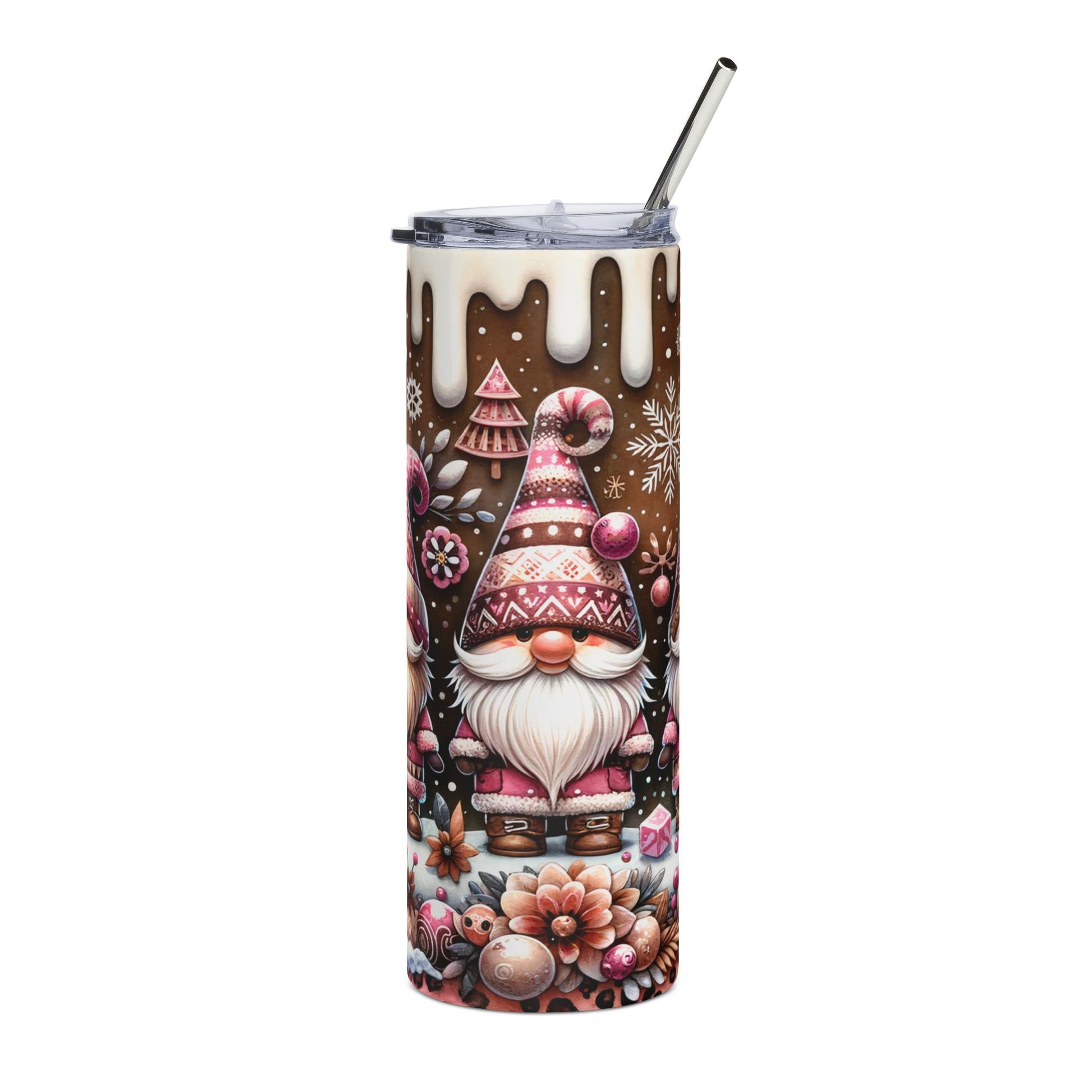 Tumbler with a Christmas gnome, gingerbread, and festive winter decorations.