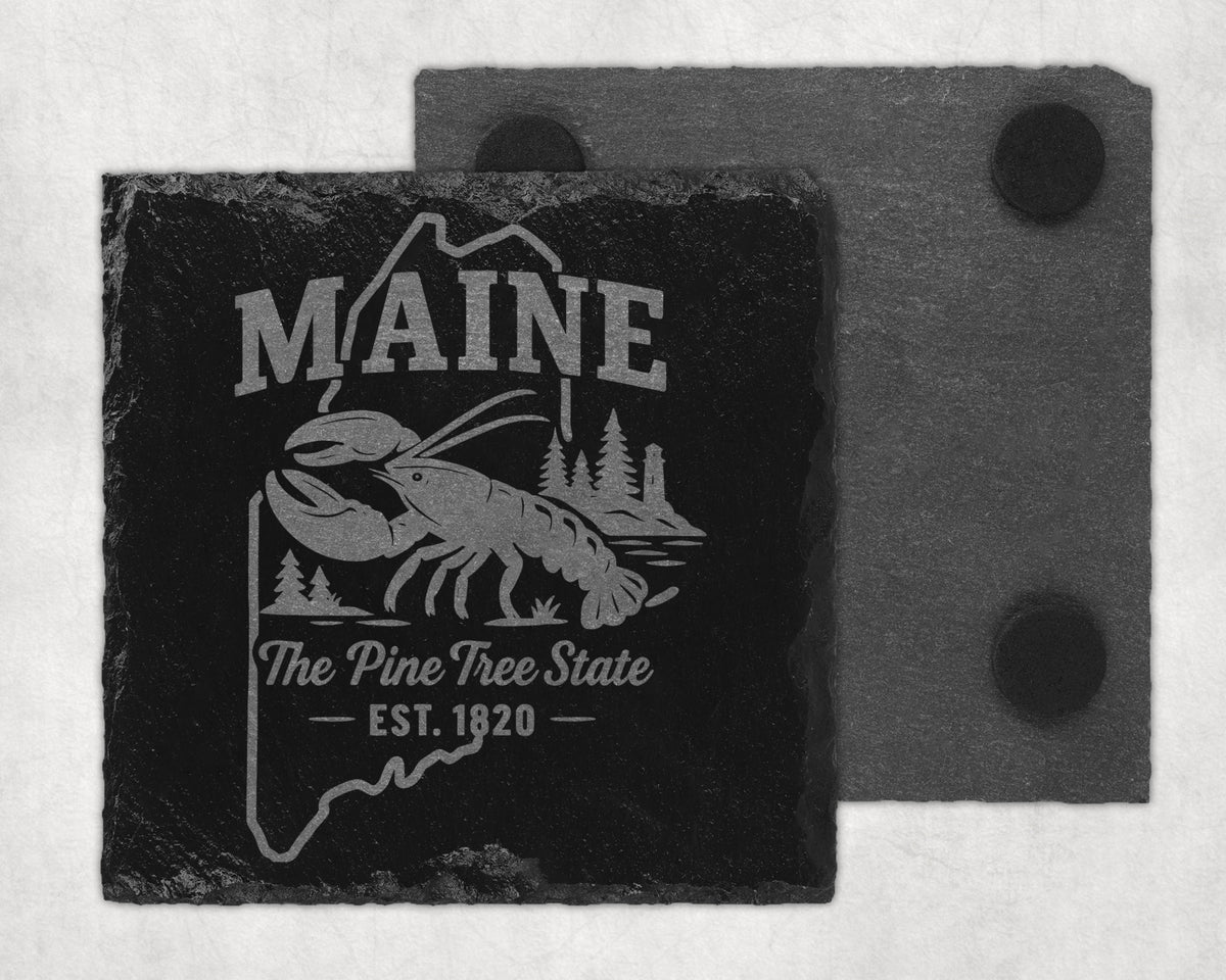Stone coaster with Maine outline, lobster, and "The Pine Tree State Est. 1820" text.