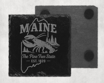 Stone coaster with Maine outline, lobster, and "The Pine Tree State Est. 1820" text.