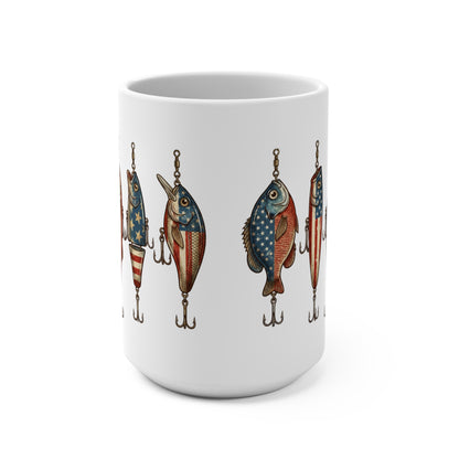 White mug featuring a repeating pattern of fishing lures decorated with American flag motifs.