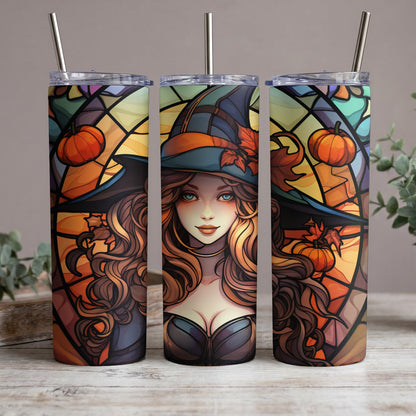 Three tumblers with a witch and pumpkin stained glass design.