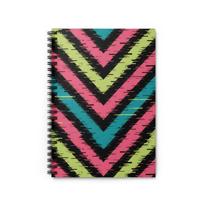Spiral bound notebook with a pink, green, and teal chevron pattern.