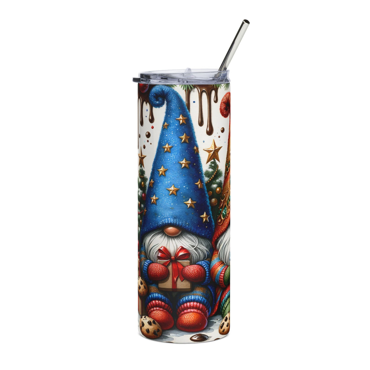 Tumbler with Christmas gnomes, gifts, trees, and cookies, with a metal straw.