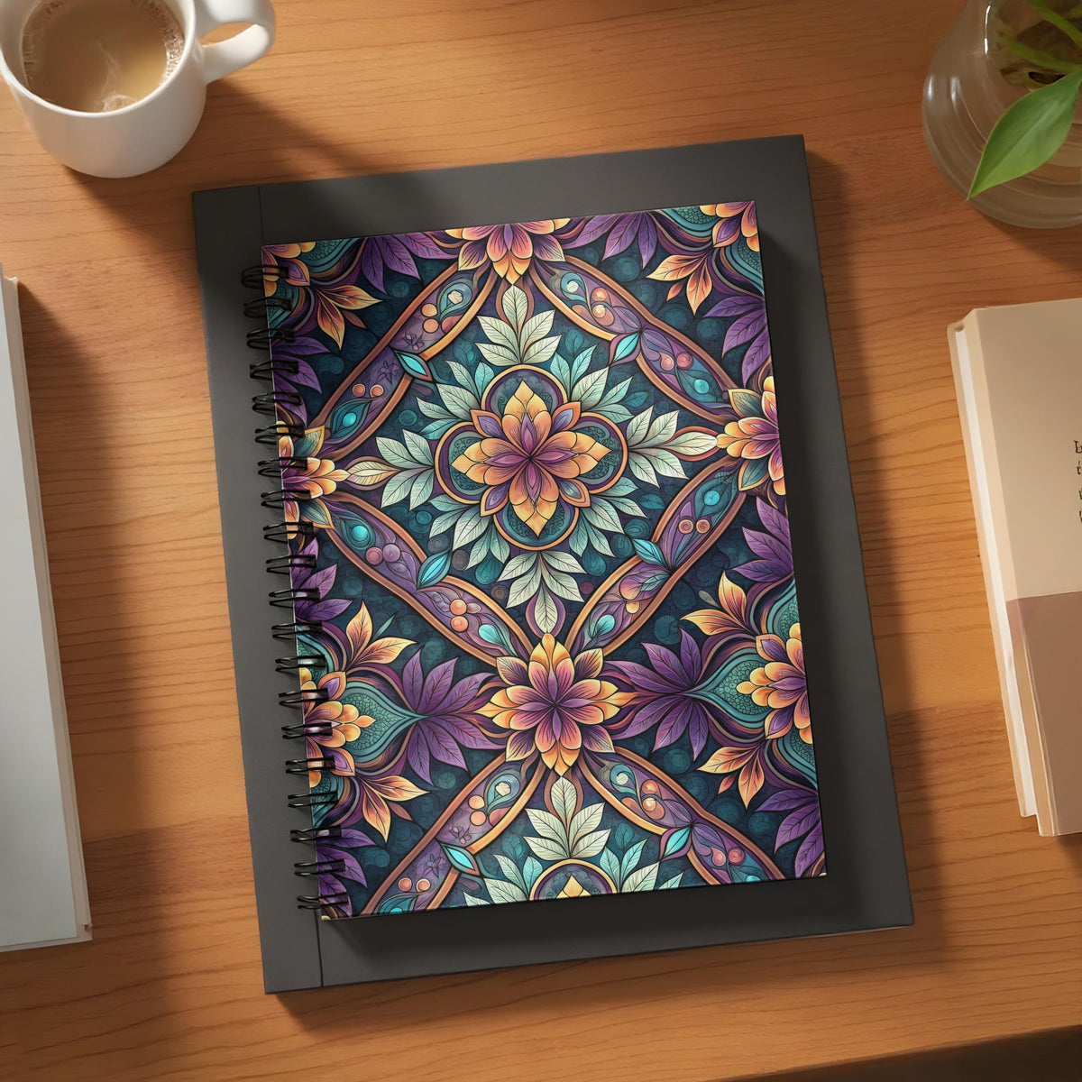 Spiral bound notebook with colorful floral mandala pattern on dark background.
