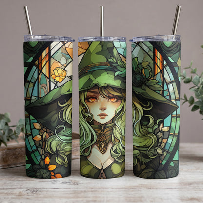 Three tumblers with a green witch and stained-glass design.