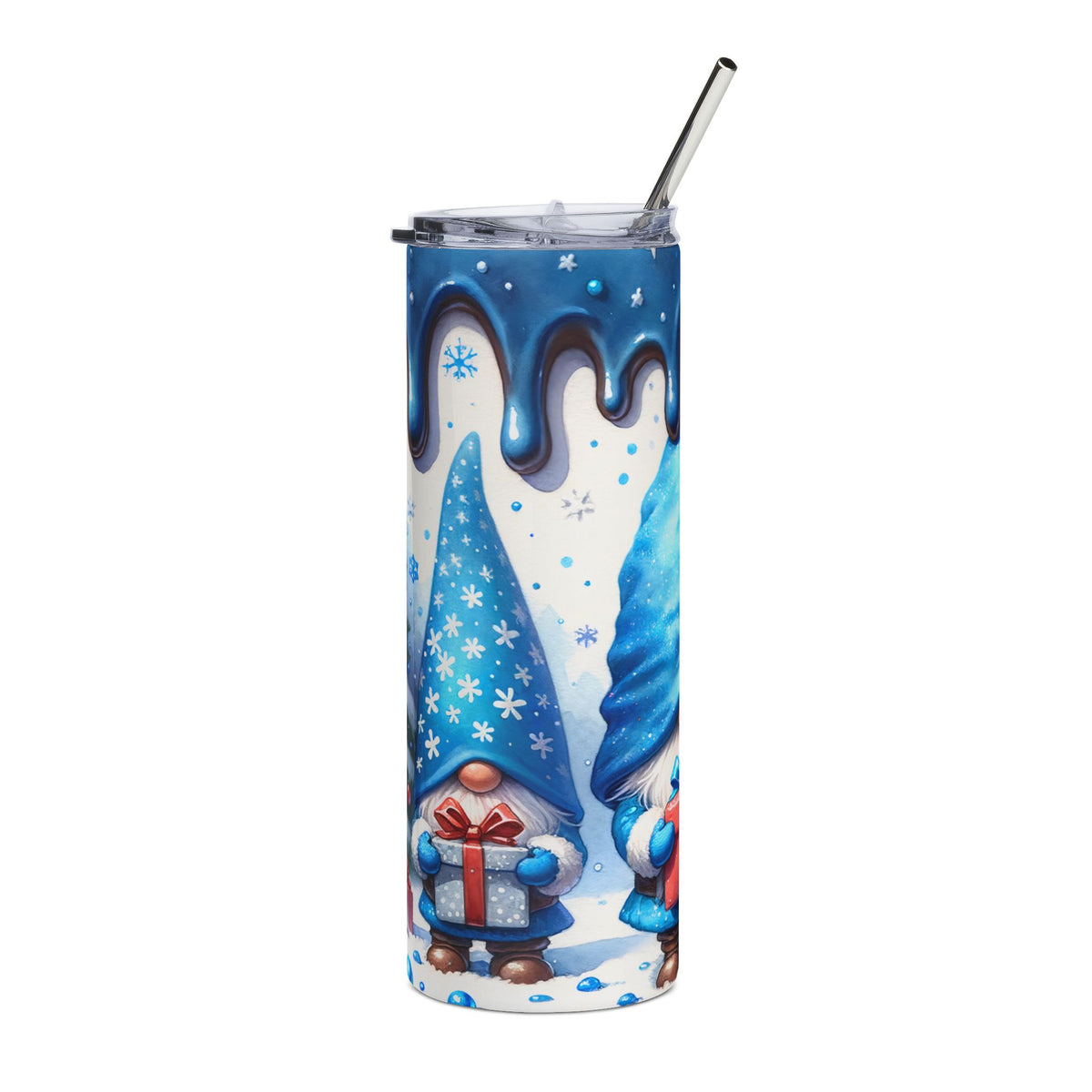 Tumbler with blue gnomes, snowflakes, and dripping blue icing design.
