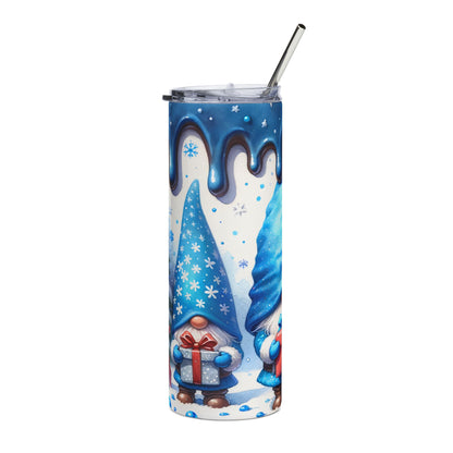 Tumbler with blue gnomes, snowflakes, and dripping blue icing design.