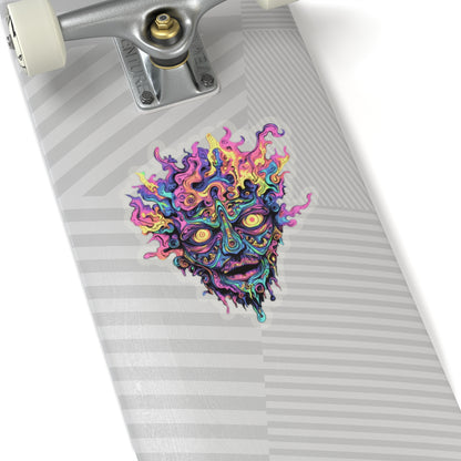 Psychedelic abstract face sticker on a skateboard deck with grey stripes.
