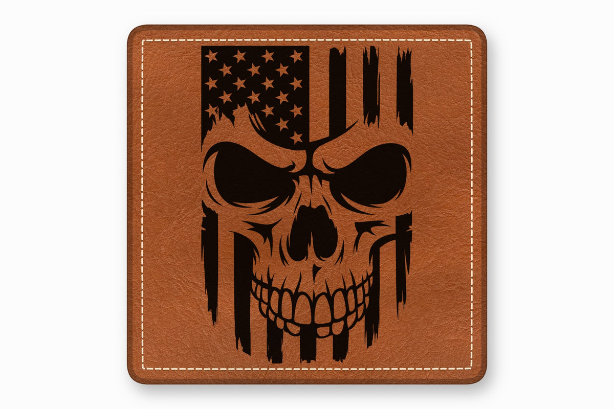 Brown leather patch featuring a black laser-engraved design of a skull overlaid with an American flag.