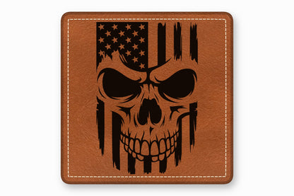 Brown leather patch featuring a black laser-engraved design of a skull overlaid with an American flag.