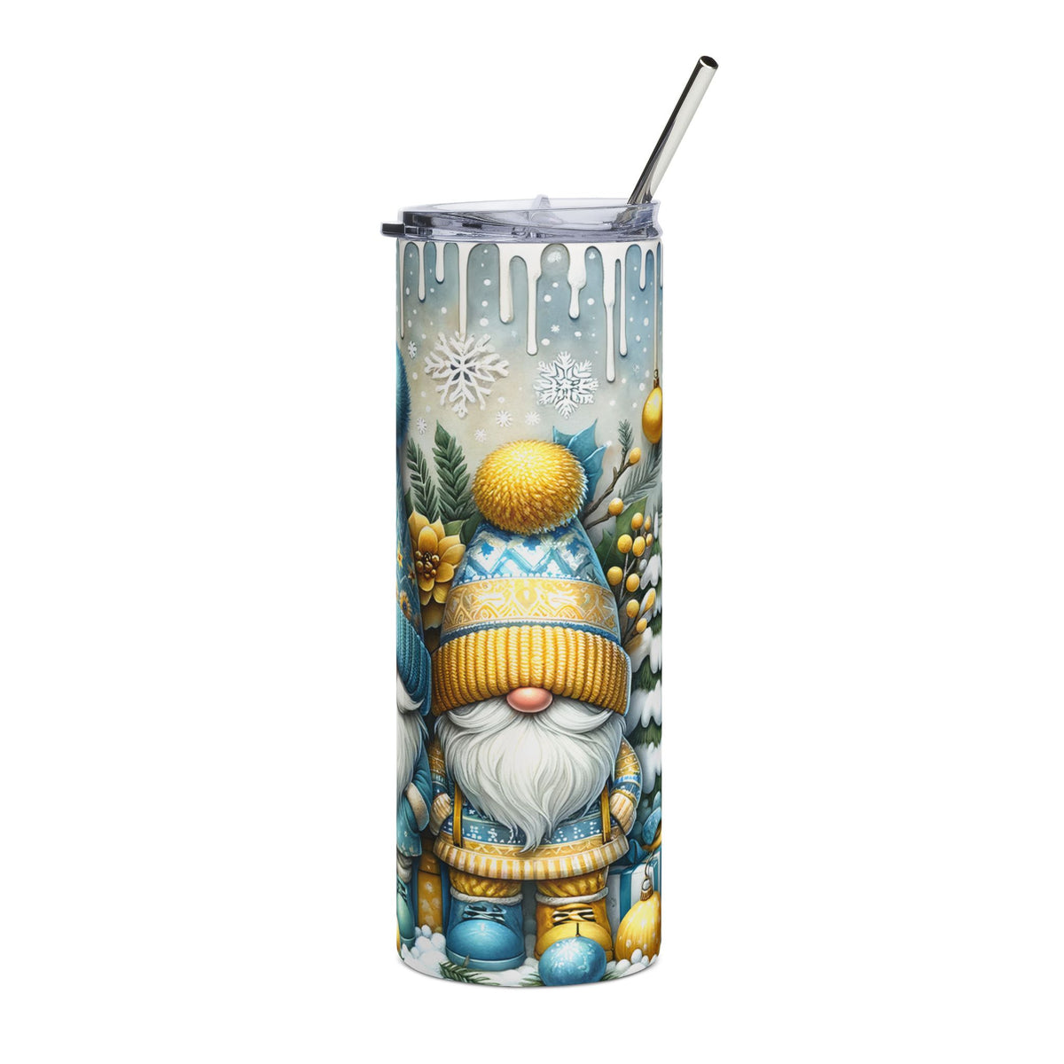 Tumbler with a winter gnome and snowflake design and a metal straw.
