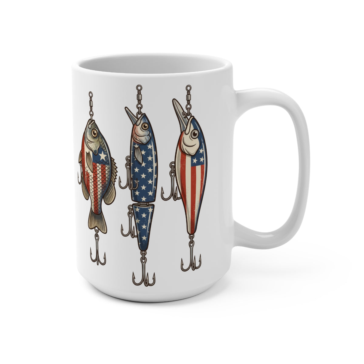White mug with three fishing lures designed as American flags.