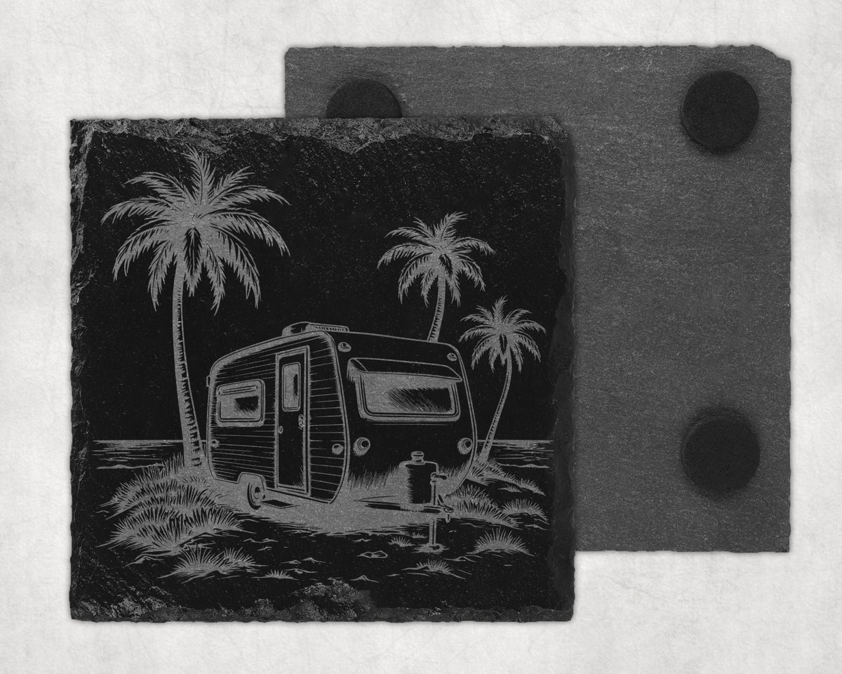 Slate coaster etched with a camper, palm trees, and ocean scene.