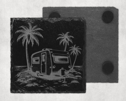 Slate coaster etched with a camper, palm trees, and ocean scene.