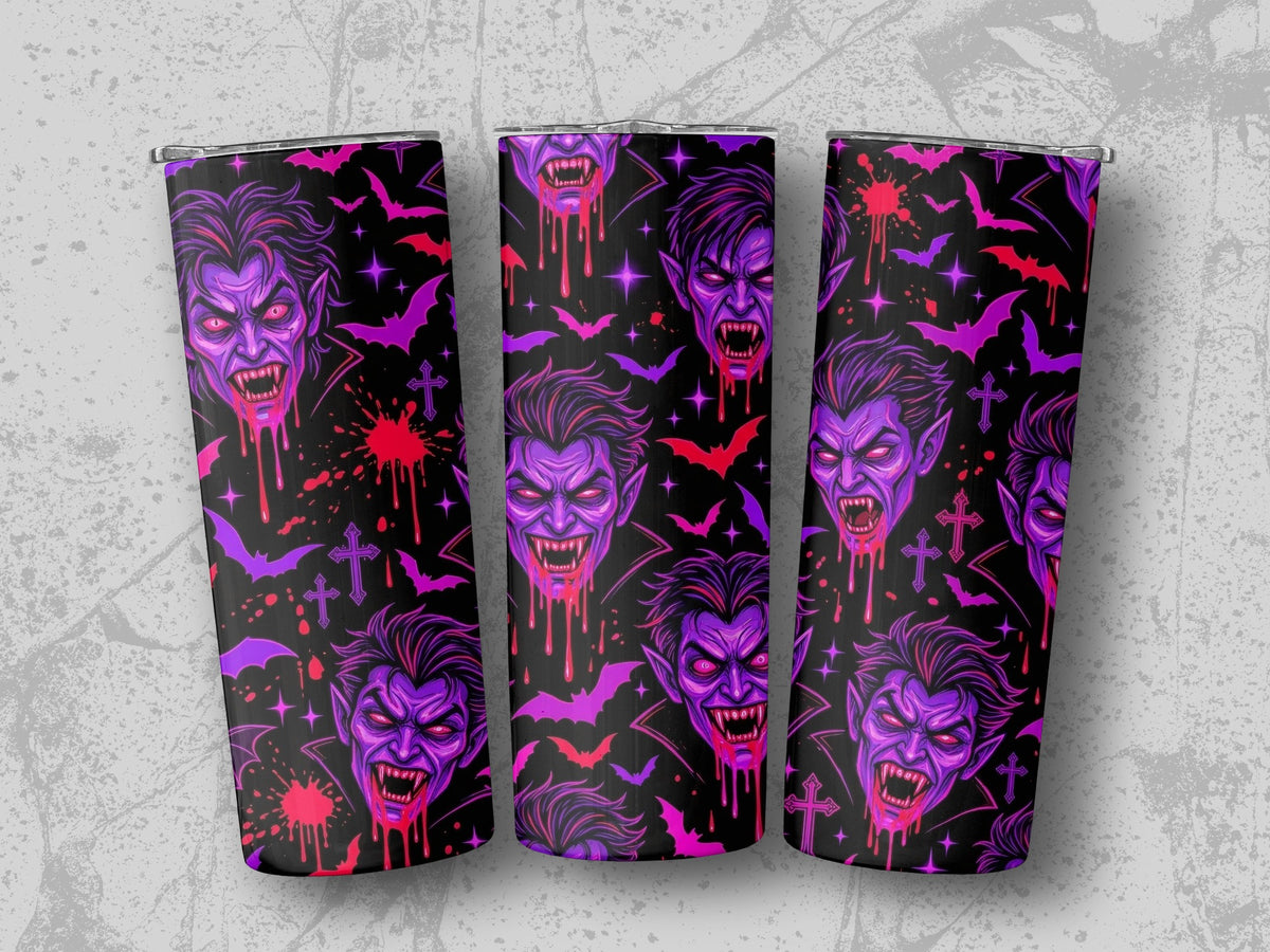 Three tumblers with a spooky vampire and bat pattern in purple and red.