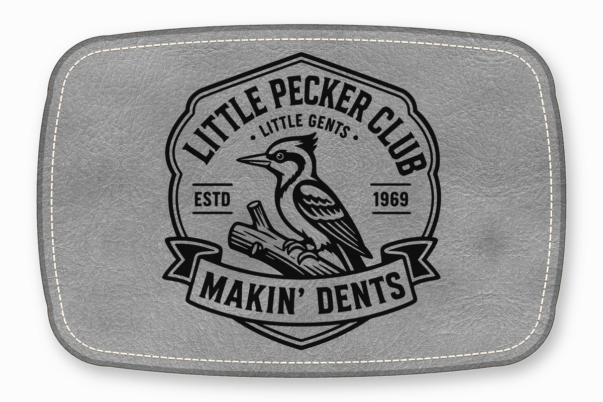 A gray leather patch with white stitched borders and a black woodpecker logo.