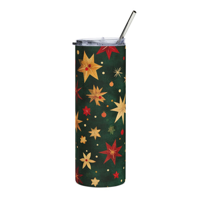 Green tumbler with repeating pattern of red and gold stars and small dots.