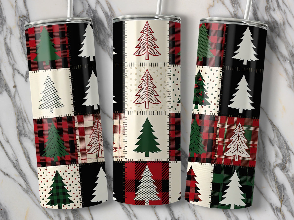 Three tumblers with a patchwork Christmas tree design in plaid, black, and cream.
