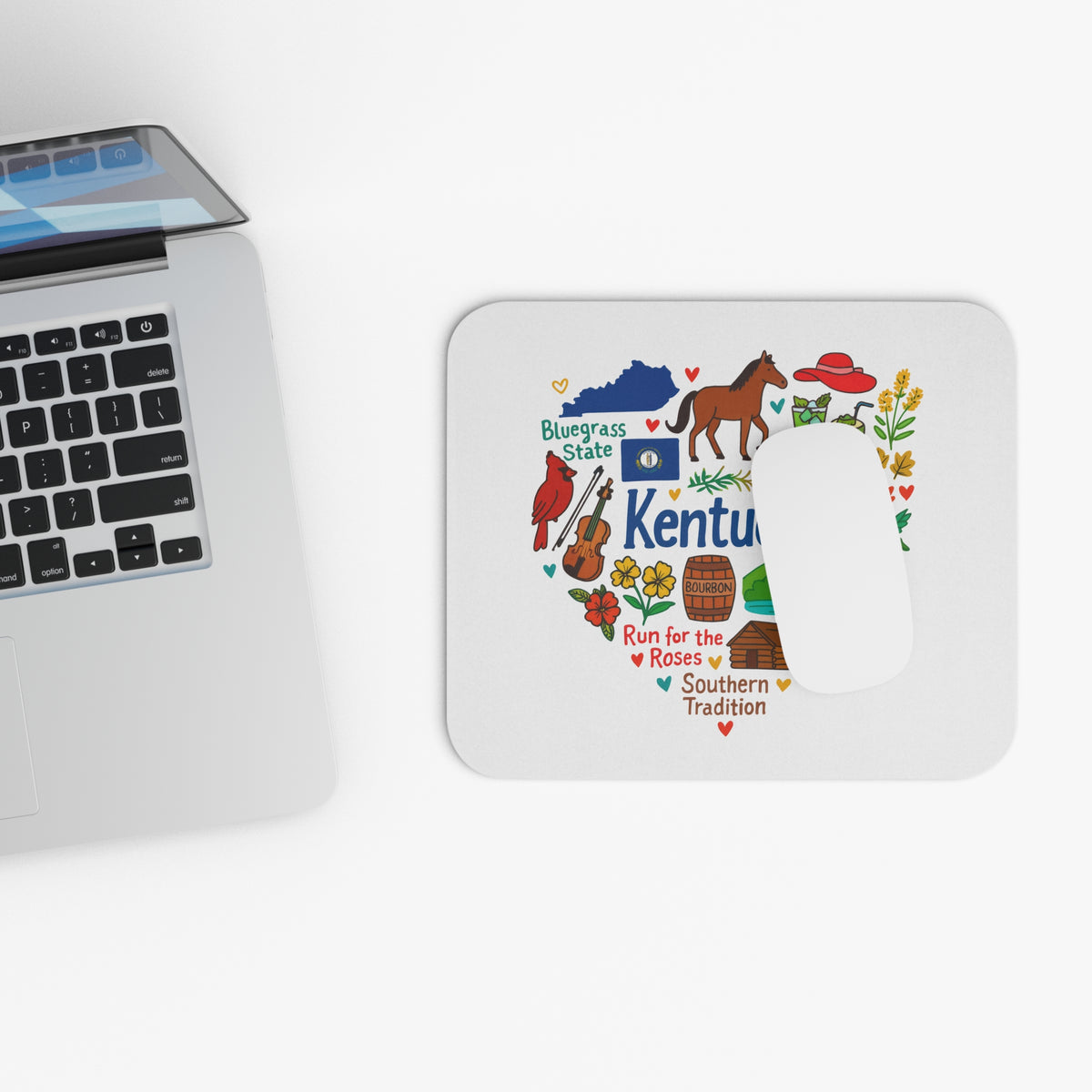 Kentucky themed mousepad with horse, bourbon, and bluegrass state icons.