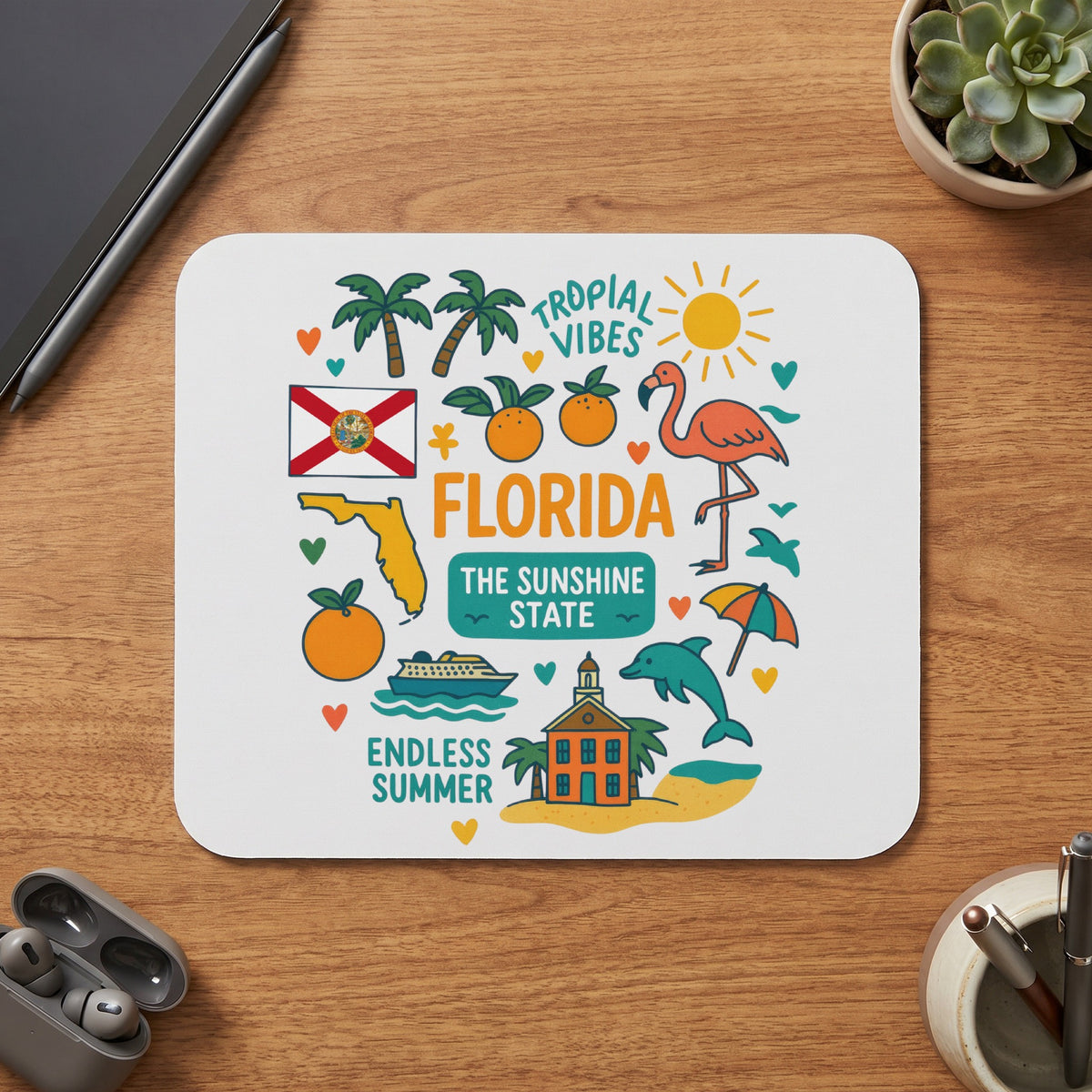 Mousepad with Florida state map, flag, and tropical icons in a whimsical style.