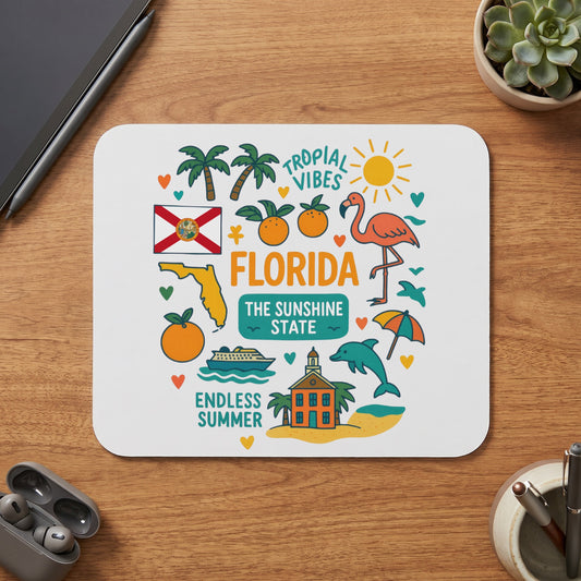 Mousepad with Florida state map, flag, and tropical icons in a whimsical style.