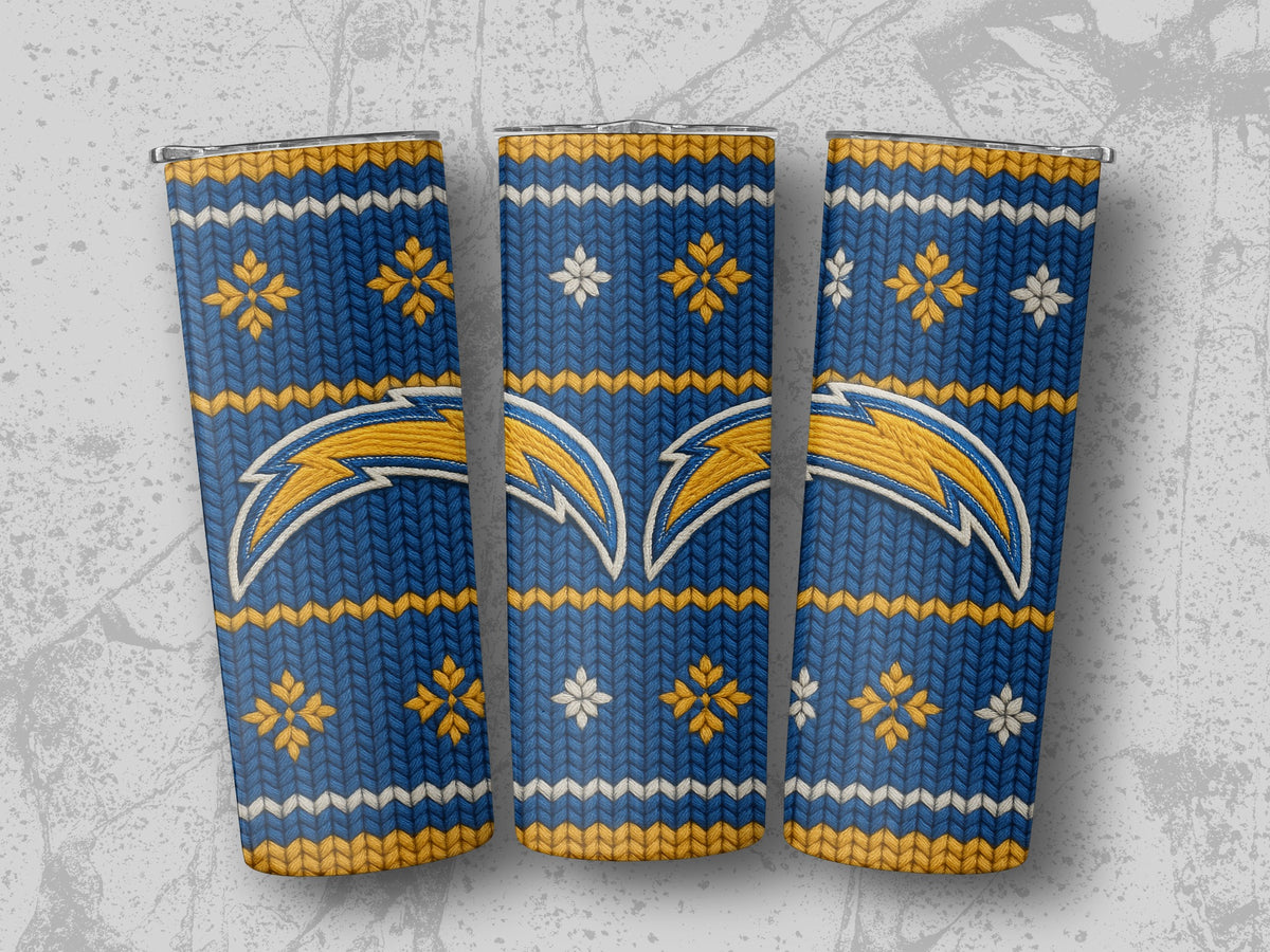 Three Chargers-themed tumblers with a blue knit pattern and yellow lightning bolts.