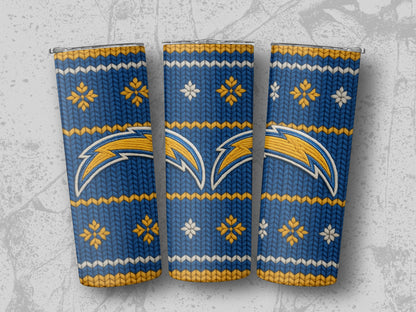 Three Chargers-themed tumblers with a blue knit pattern and yellow lightning bolts.