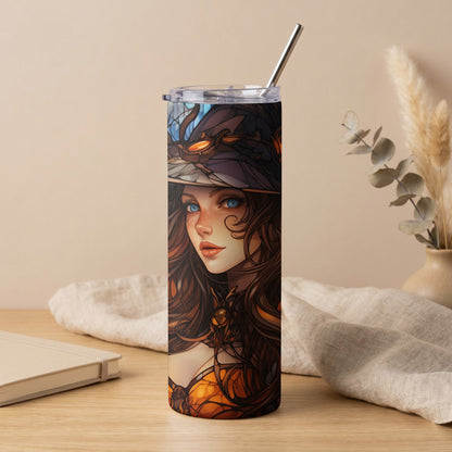 Tumbler with stained-glass art of a woman with blue eyes and flowing brown hair.