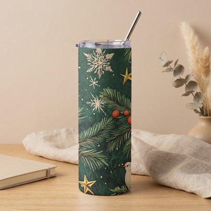 Green tumbler with Christmas pine, snowflakes, berries, stars, and bird design.