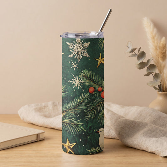 Green tumbler with Christmas pine, snowflakes, berries, stars, and bird design.