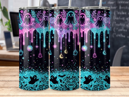 Three tumblers with neon pink and teal dripping ghosts, stars, and floral accents.
