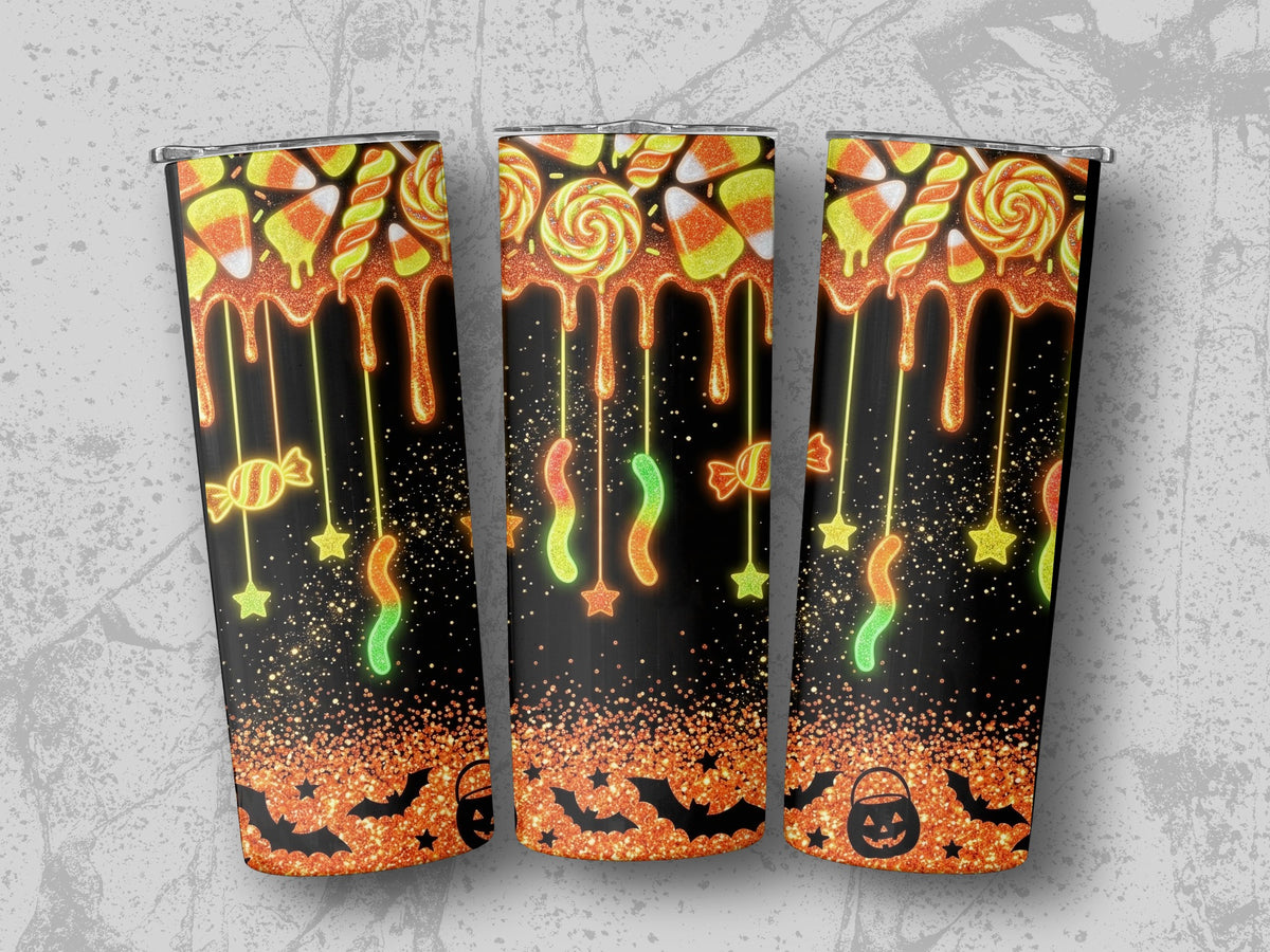 Triptych of tumblers with dripping candy, stars, and bats on black glitter background.