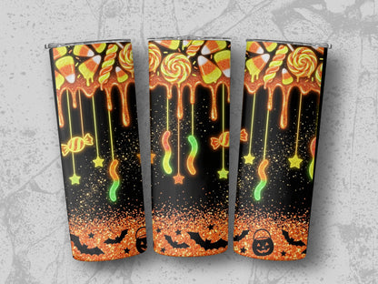 Triptych of tumblers with dripping candy, stars, and bats on black glitter background.