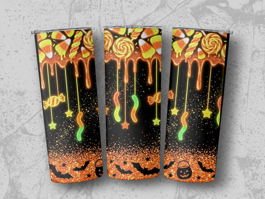 Triptych of tumblers with dripping candy, stars, and bats on black glitter background.