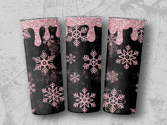 Three tumblers with a black background featuring pink glitter snowflakes and dripping accents.
