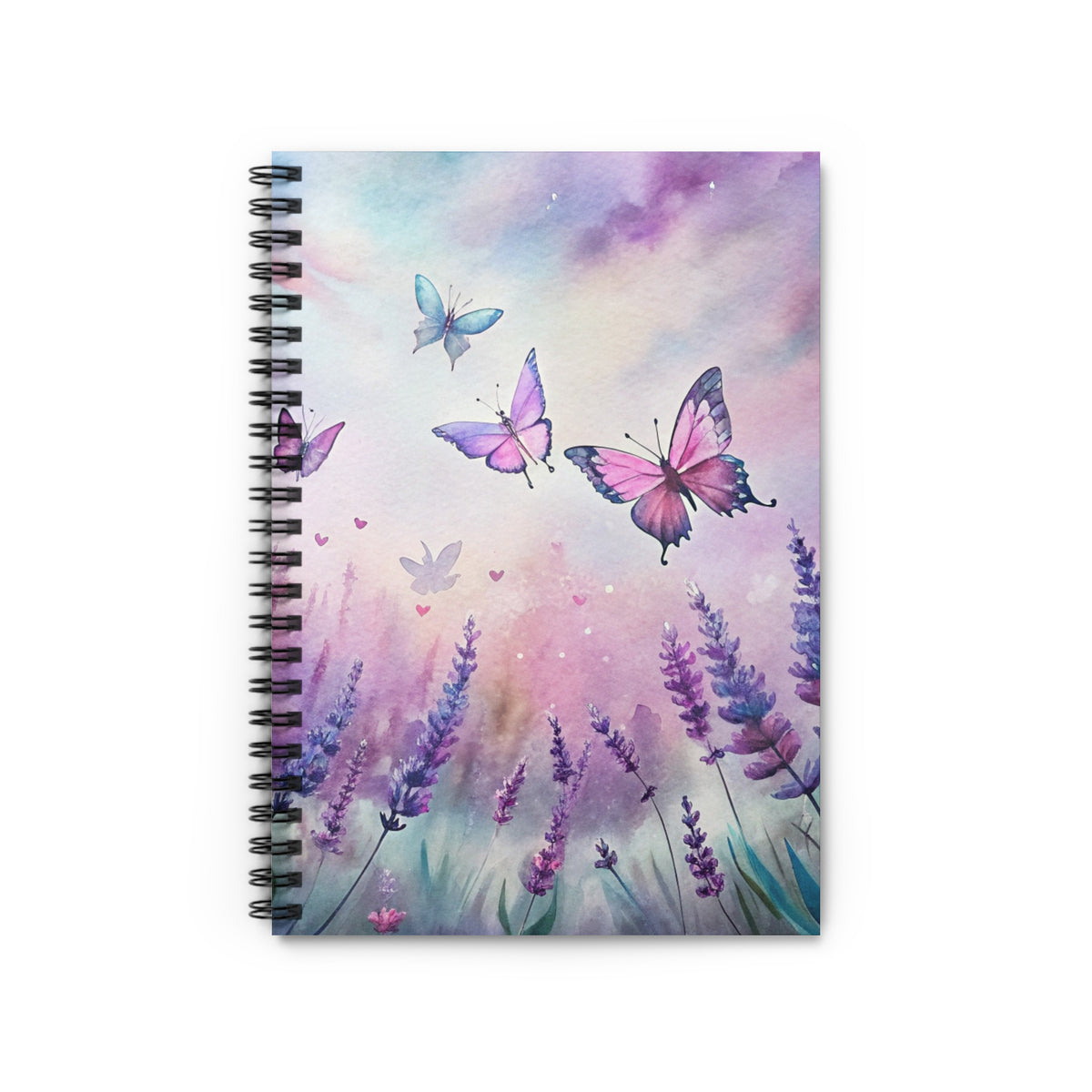 Spiral notebook with watercolor lavender and flying butterflies under a pastel sky.