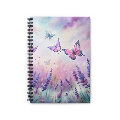 Spiral notebook with watercolor lavender and flying butterflies under a pastel sky.