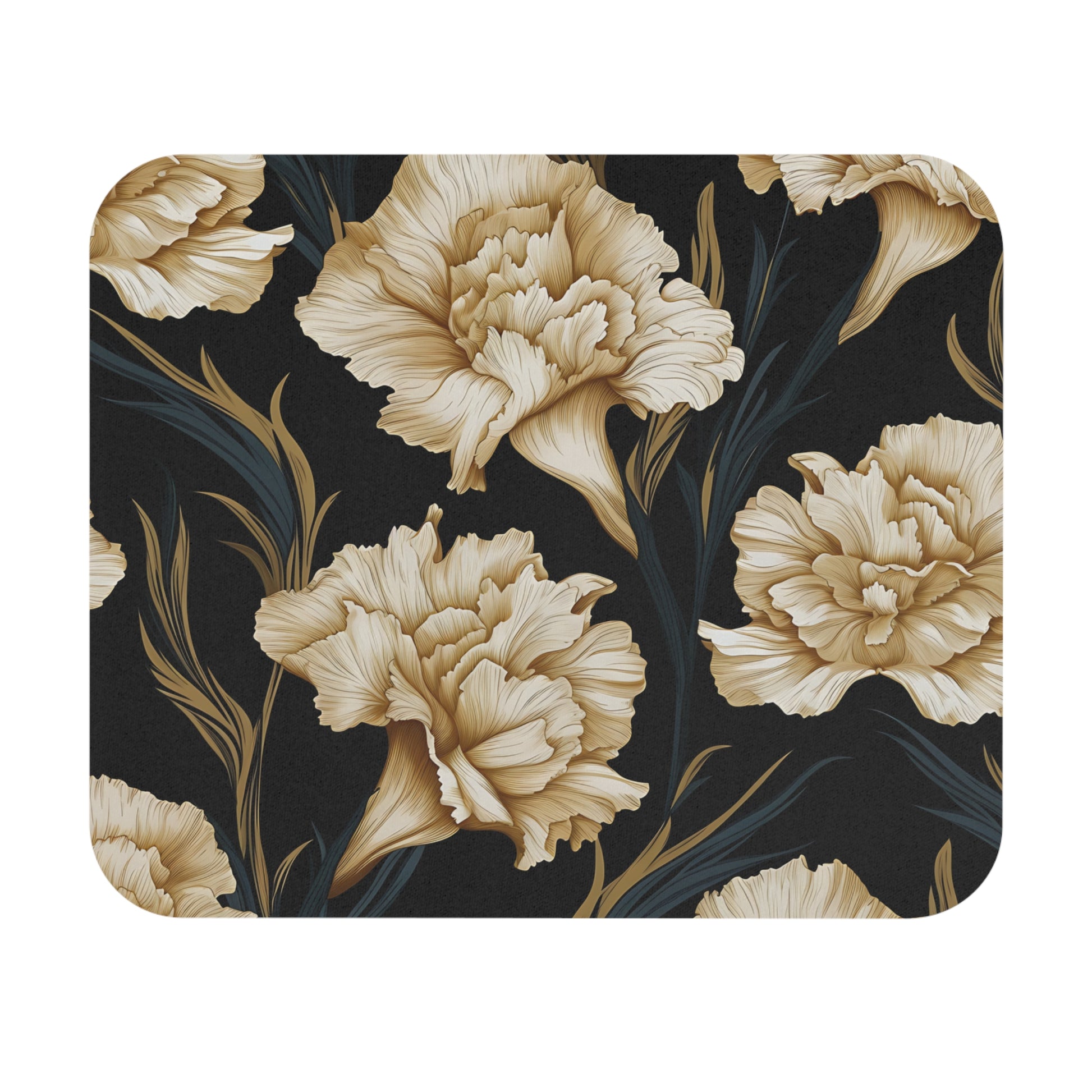 Floral pattern with cream carnations and dark green leaves on black background.