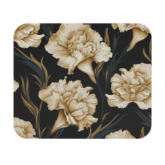 Floral pattern with cream carnations and dark green leaves on black background.