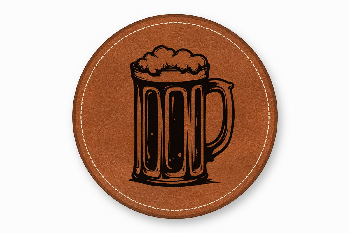 Round brown leather coaster featuring a stitched border and a black engraved beer mug graphic.